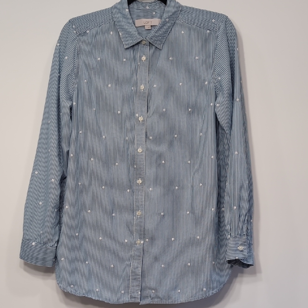 LOFT | Blue and White Striped Button Down Shirt with Polka Dot Embroidery Size M